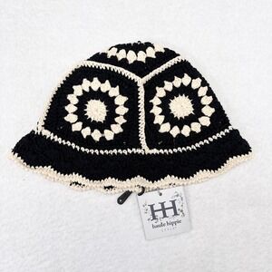 Haute Hippie Knit Bucket Hat Womens One Size Black Cream Boho Granny Festival